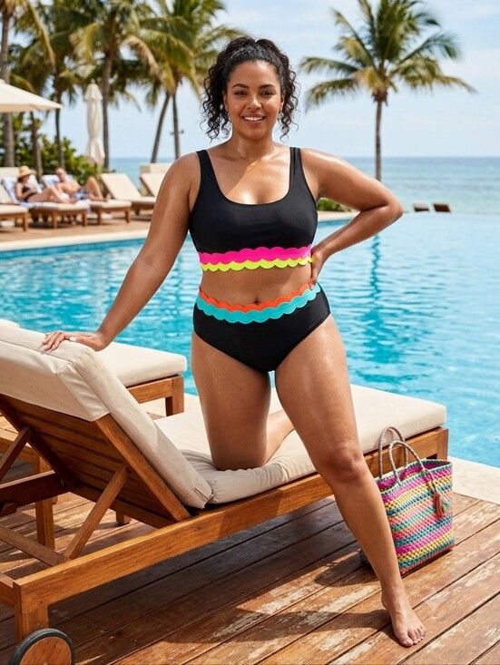 Popvil Other - NWT XL Black Neon Scallop Trim High-Waisted 2-Piece Bikini Swimsuit